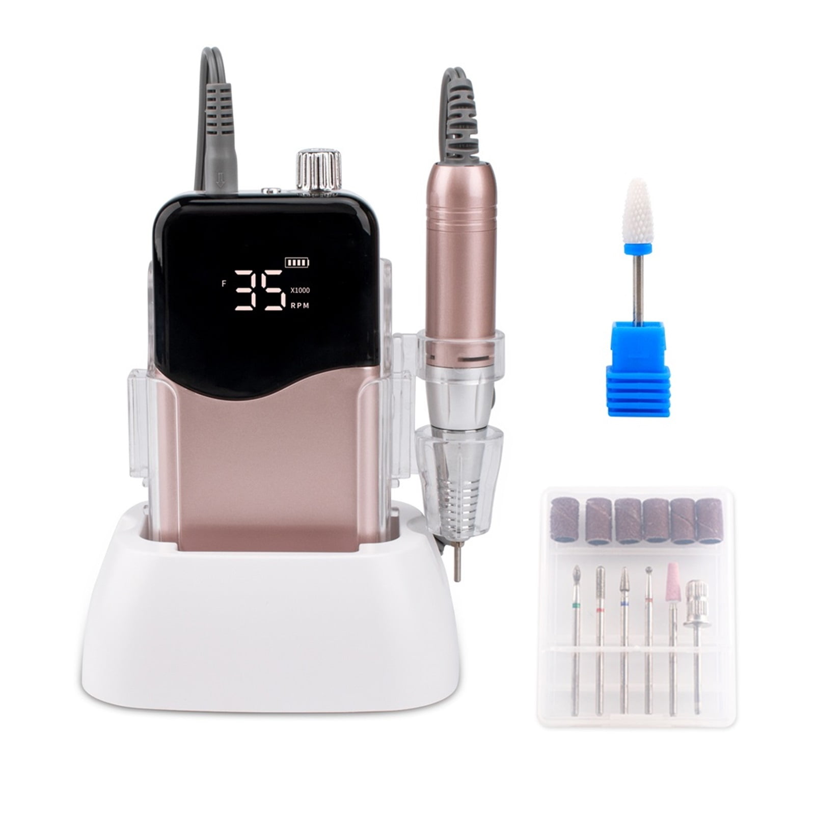 Portable Base Desktop Cordless Nail Drill Machine 35000RPM Rechargeable Manicure Electric Nail File Wireless Rose Gold ,Low Noise
