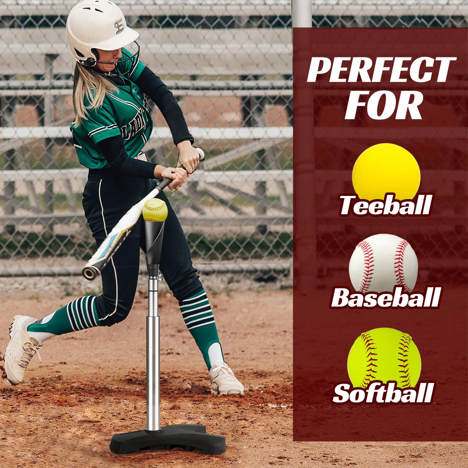 Portable Baseball & Softball Batting Tee — Ultra-durable with a weighted triangular base for stability on any surface; height adjusts from 24" to 46". Suitable for all ages and skill levels.