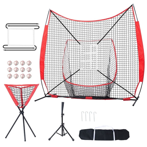 Portable Baseball Training Net with Strike Zone&Accessories-7x7 ft Backstop for Hitting,Pitching,Catching Practice-Includes Tee,Balls,Carry Bag