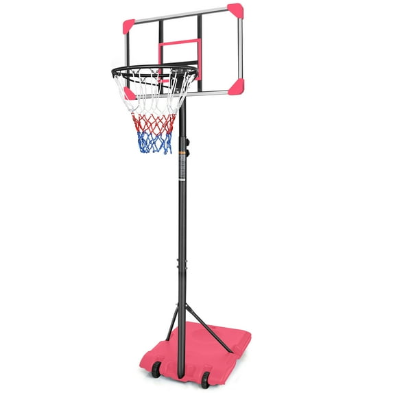 28" Pink Portable Basketball Hoop System, Height Adjustable 5.6Ft-7Ft Goal with Wheels & Stable Base - Indoor/Outdoor Use Five