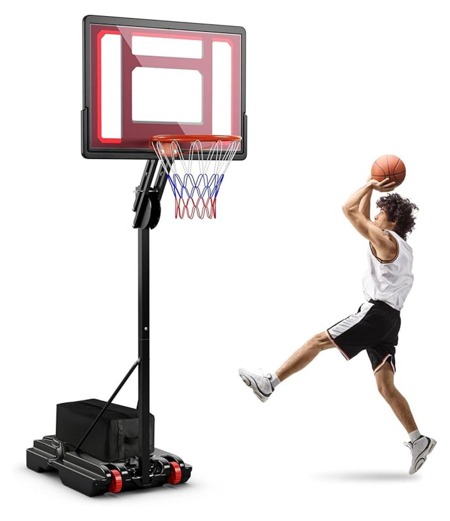 Portable Basketball Hoop, 5 FT to 10 FT Adjustable Basketball Goal with 10 Heights, All Weather Basketball Stand System with Weight Bag & Wheels, for Youth Adult, Indoor Outdoor Pool, Court