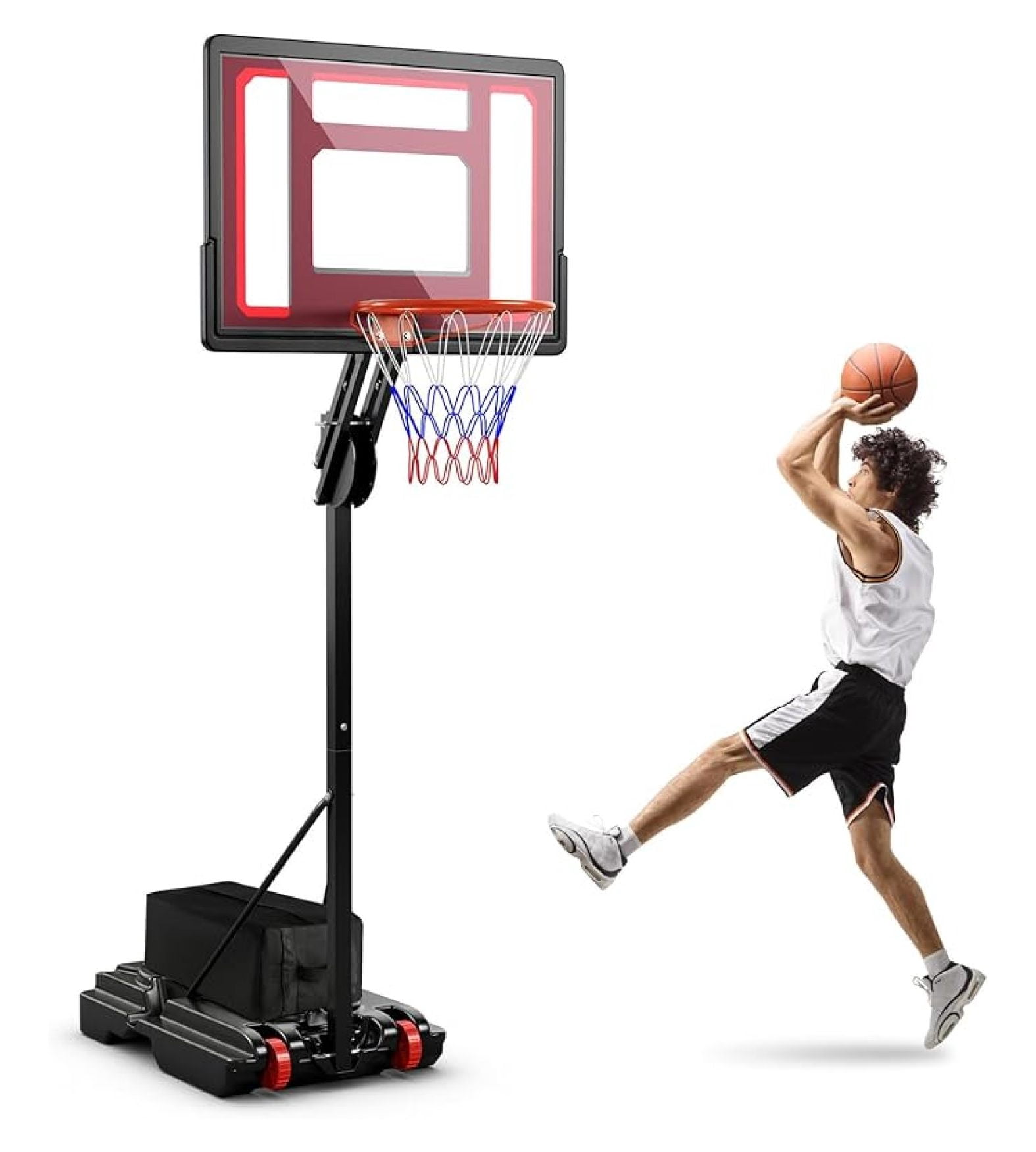 Portable Basketball Hoop, 5 FT to 10 FT Adjustable Basketball Goal with 10 Heights, All Weather Basketball Stand System with Weight Bag & Wheels, for Youth Adult, Indoor Outdoor Pool, Court