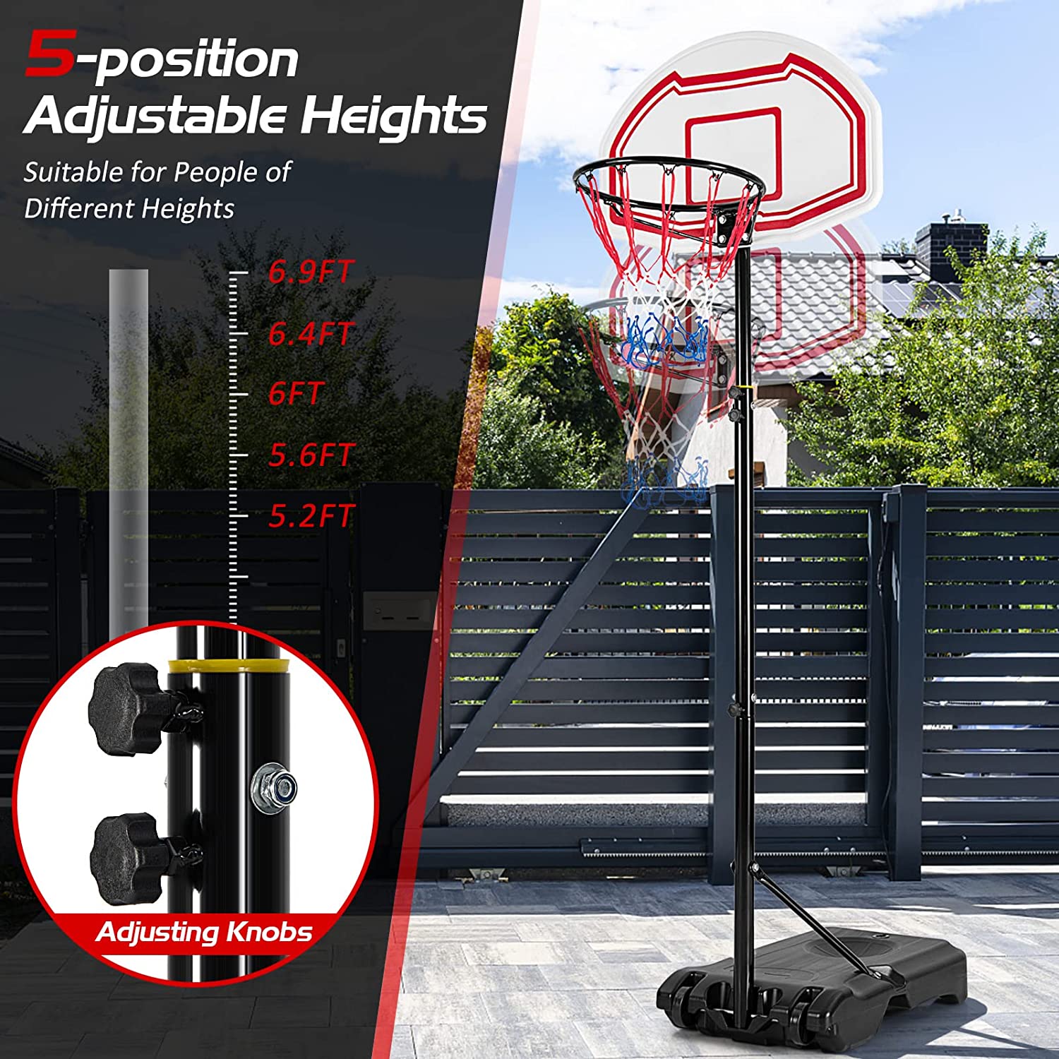 Portable Basketball Hoop, 6.4-8.7 FT Height Adjustable Basketball ...