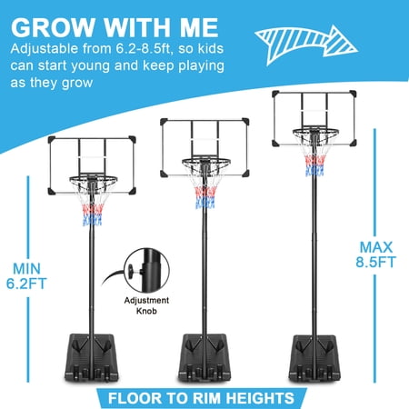 Portable Basketball Hoop & Goal Basketball Stand Height Adjustable 6.2-8.5ft with 35.4Inch Transparent Backboard & Wheels for Youth Teenagers Outdoor Indoor Basketball Goal Game Play