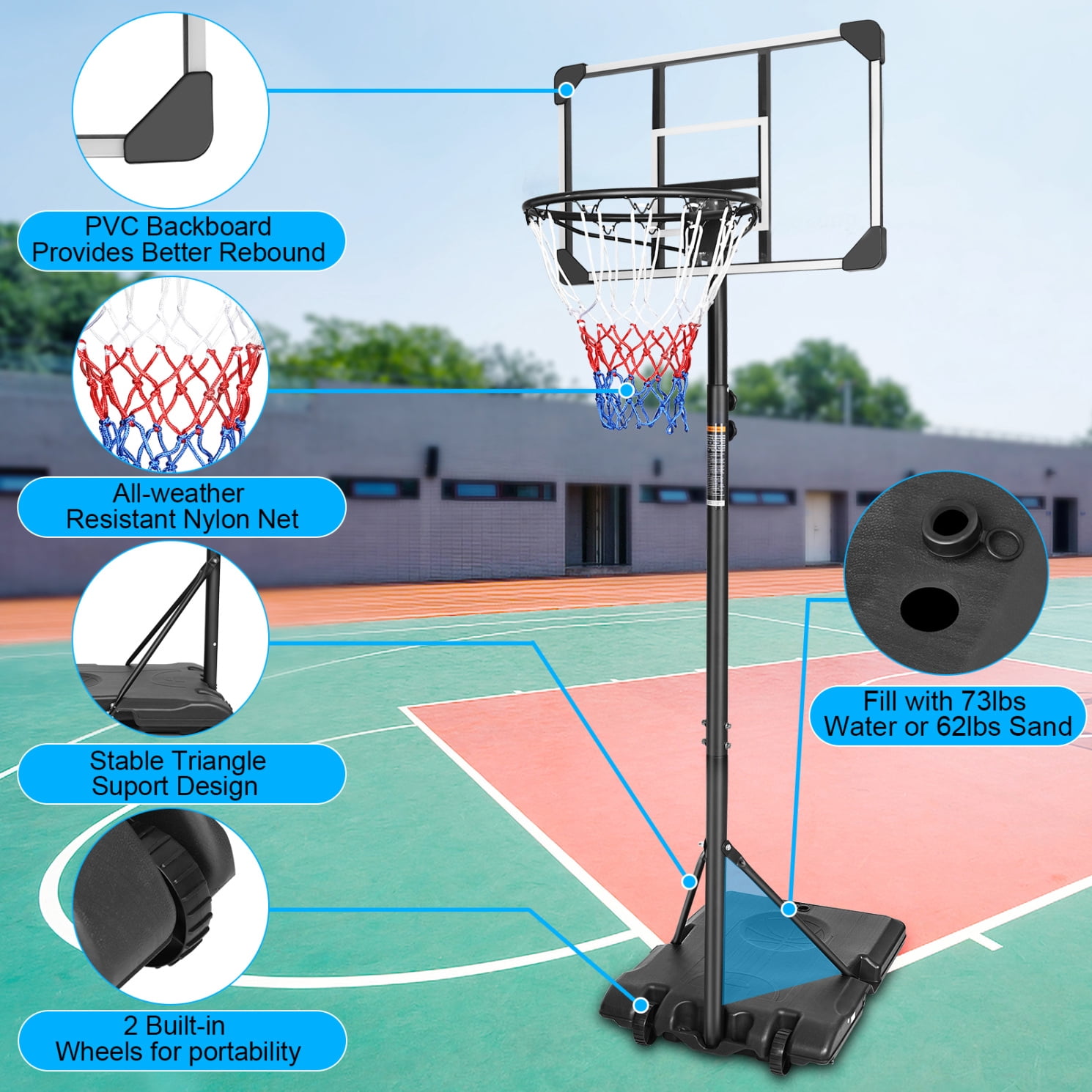 Portable Basketball Hoop, Height Adjustable 5.6 to 7FT Basketball Goal with 28 Inch Backboard and 2 Built-in Wheels, Indoor Outdoor Basketball Stand for Children, Teens, Youths, Adults, Black