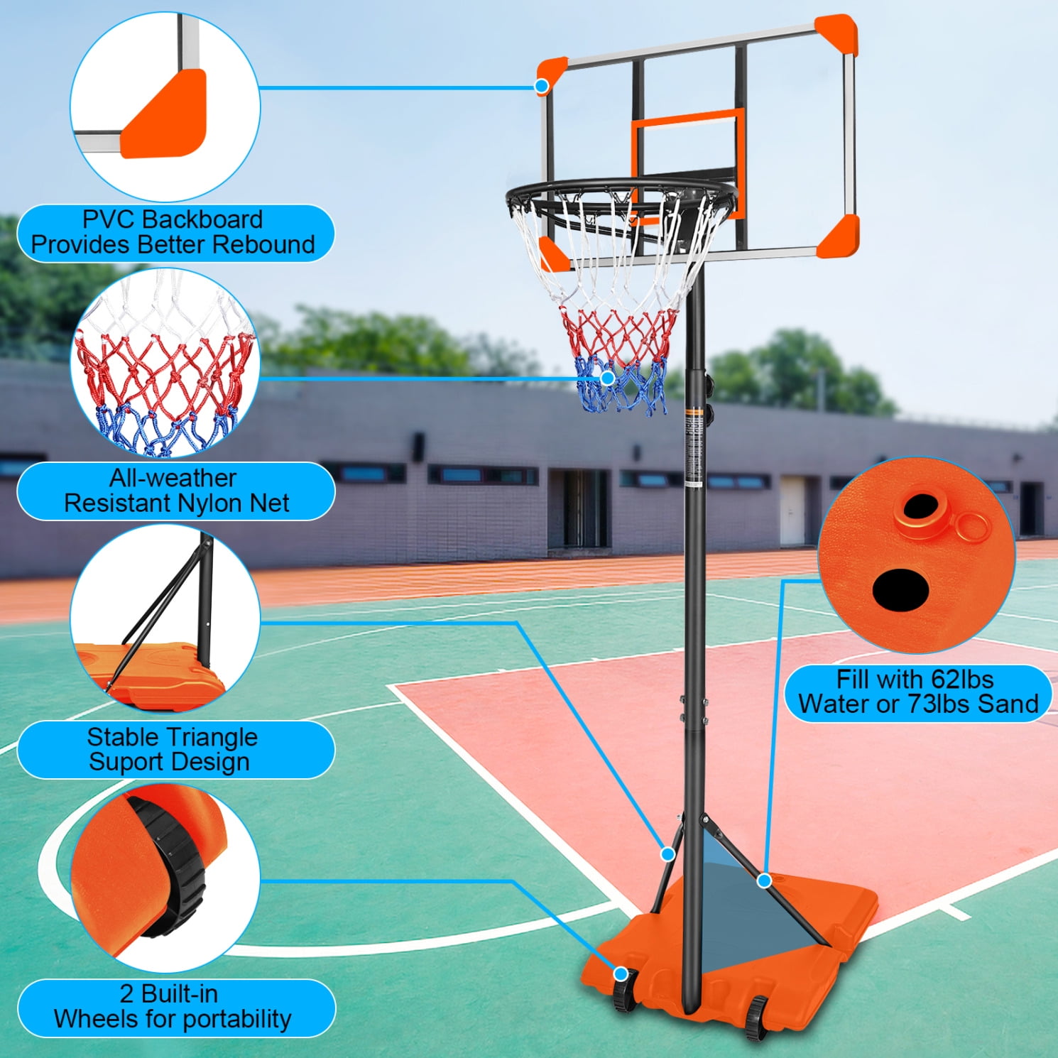 Portable Basketball Hoop, Height Adjustable 5.6 to 7FT Basketball Goal with 28 Inch Backboard and 2 Built-in Wheels, Indoor Outdoor Basketball Stand for Children, Teens, Youths, Adults, Orange