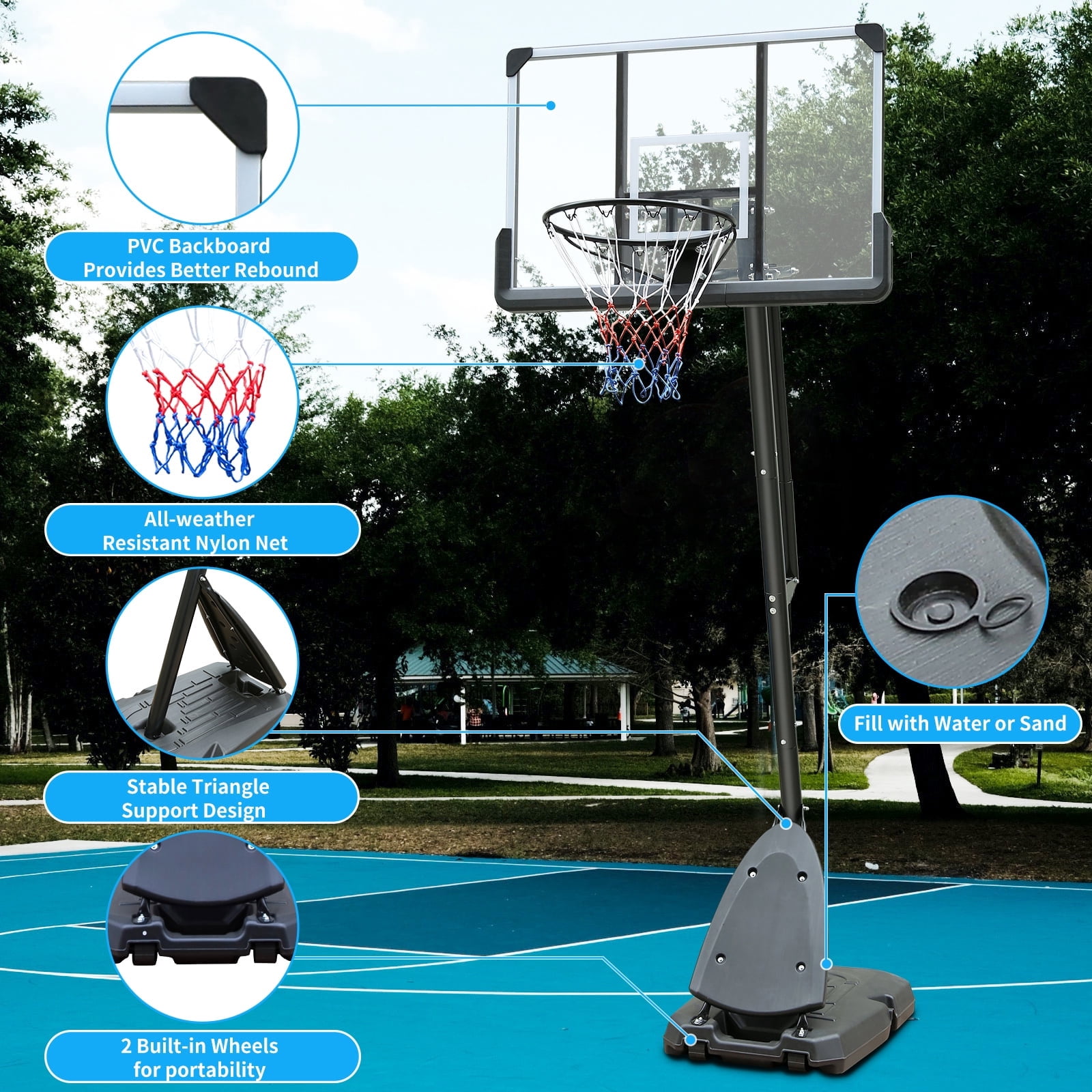 Portable Basketball Hoop, Height Adjustable 7.5 to 10ft Basketball Goal with Stable Base and Wheels for Outdoor Transparent