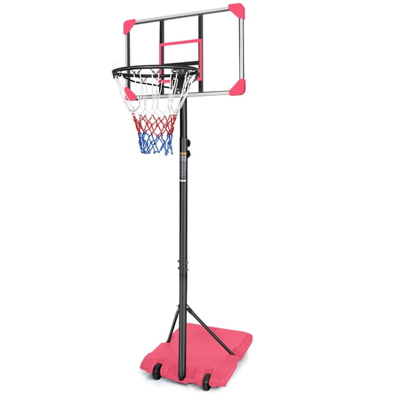 Portable Basketball Hoop,Outdoor Basketball Hoop Adjustable Height 5.6ft - 7ft,28 Inch Backboard with 2 Wheels for Kids Youth in Backyard Driveway,Pink