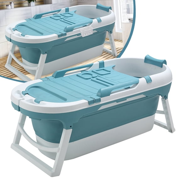 Portable Bathtub - 55" Foldable Collapsible Bathtub for Adult - Free Standing Sweat Steaming Bath, Hot Bath, Ice Bath, Soaking Tub with Lid & Neck Pillow (Blue)