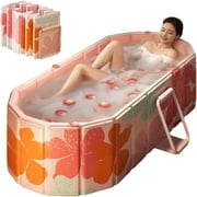 Portable Bathtub for Adult 59" Large Foldable No Installation Bath Tub for Shower Stall, Bathroom Hot SPA Soaking Standing Tub, Collapsible Plunge Bathtub (Pink, 59.1"×21.6"×19.6")