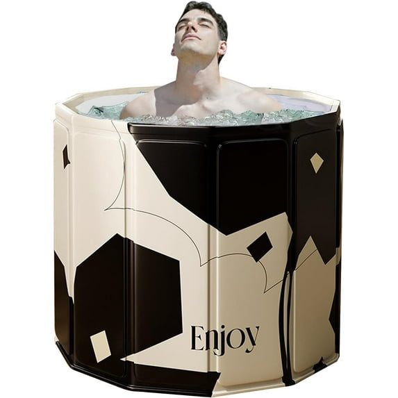 Portable Bathtub for Adults, Easy to Assemble Collapsible Bathtub (31.5"L x 26"), Suitable for Travel, Camping and Outdoor Activities (Black and White, L)