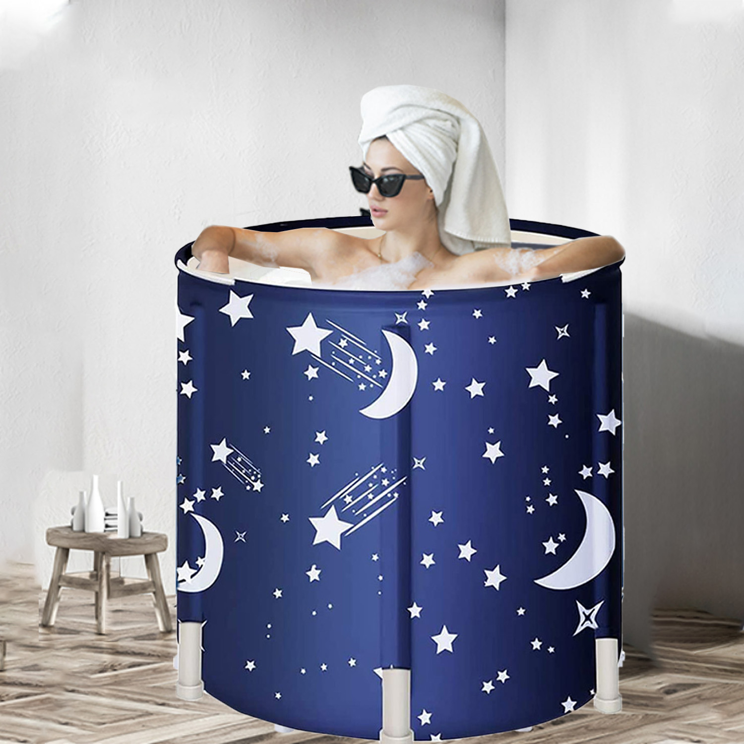 Portable Bathtub Foldable Adult Soaking Bath Tub Freestanding Ice and Hot tubs with Lid and Inflatable Pillow for Small Spaces,Starry Night Blue,27.627.625.6 in - image 1 of 8