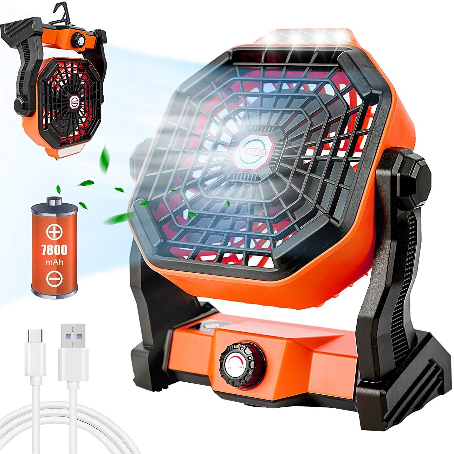 Portable Battery Powered Camping Fan USB Rechargeable Variable Speed w