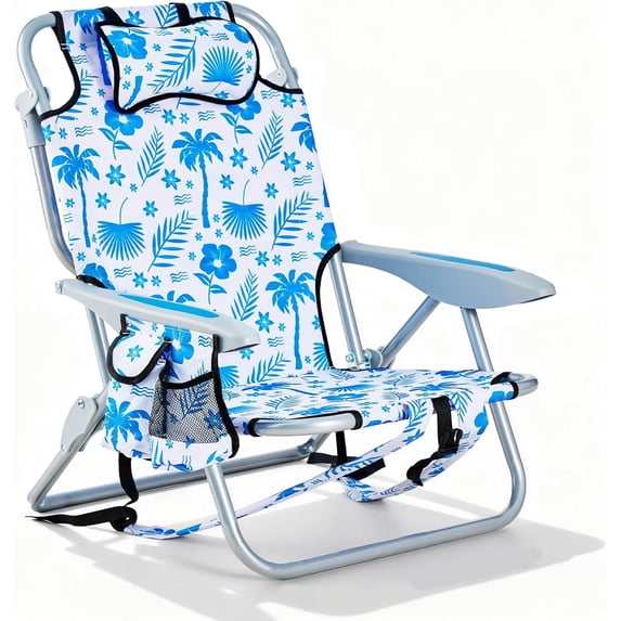 Portable Beach Chair for Adults, Outdoor Camping Chair Lay Flat Folding Backpack Beach Reclining Chair with 5 Positions, Headrest, Cup Holder, Heavy Blue Coconut Tree