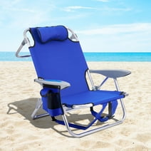 Portable Beach Chair for Adults, Outdoor Lightweight Camping Chair Lay Flat Folding Backpack Beach Reclining Chair with 4 Positions, Headrest, Cooler Pouch, Cup Holder,Blue