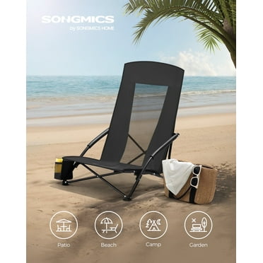 Set of 2 Camping Chairs, Beach Chairs, Portable Outdoor Chairs, with High Backrest, Cup Holder, Lightweight, Heavy-Duty, Max. Load 330 lb per Chair, Black