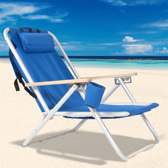 Portable Beach Chair with Adjustable Headrest,Camping Chair with Removable Cup Holder Blue