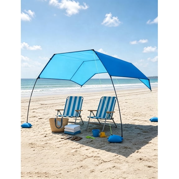 Portable Beach Shade Tent, UPF 50+ Sun Protection Beach Canopy, accommodates a family of four, comes with sandbags, guy lines, and a storage bag, ideal for the beach, camping, and picnics