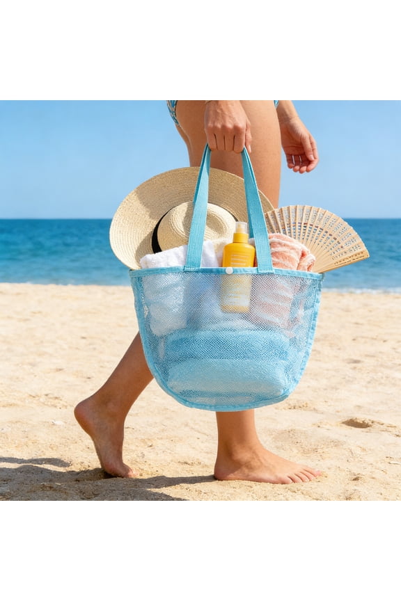 Portable Beach Storage Net Bag, Lightweight Seashell Collection Tote, Handheld Mesh Bag for Beach and Seaside Travel, Durable Design for Toys, Towels and Beach Essentials, 12.6*3.14*9in, Blue