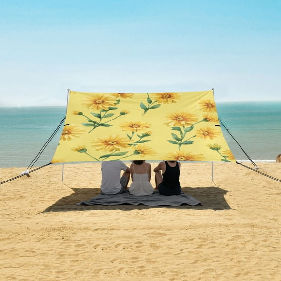 Portable Beach Tent Sun Shelter With Ground Pegs Water And Wind Resistant Sun Shade Canopy Angle Adjustable Watercolor Yellow Flowers on Yellow Background