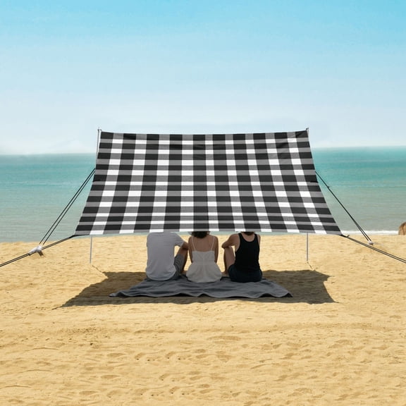 Portable Beach Tent Sun Shelter With Ground Pegs Water And Wind Resistant Sun Shade Canopy Angle Adjustable Black White Gingham Pattern Vector