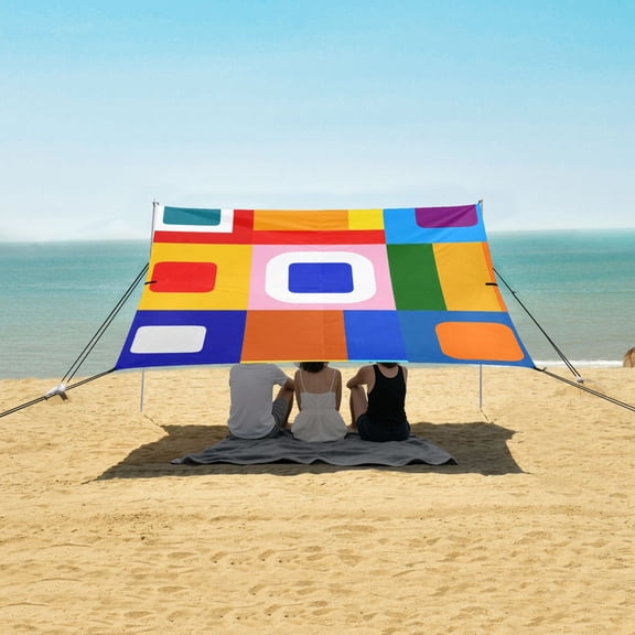 Portable Beach Tent Sun Shelter With Ground Pegs Water And Wind Resistant Sun Shade Canopy Angle Adjustable Colorful Painting with Squares