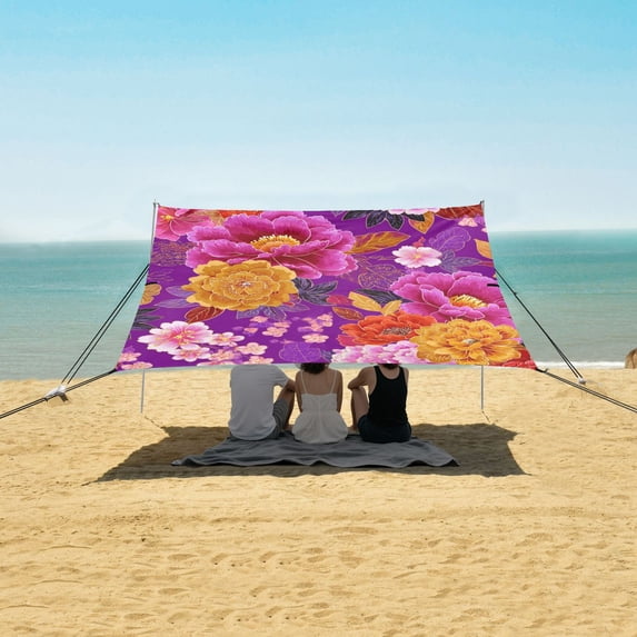 Portable Beach Tent Sun Shelter With Ground Pegs Water And Wind Resistant Sun Shade Canopy Angle Adjustable Floral Patterns