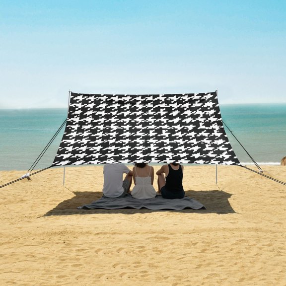 Portable Beach Tent Sun Shelter With Ground Pegs Water And Wind Resistant Sun Shade Canopy Angle Adjustable Houndstooth Pattern Black White