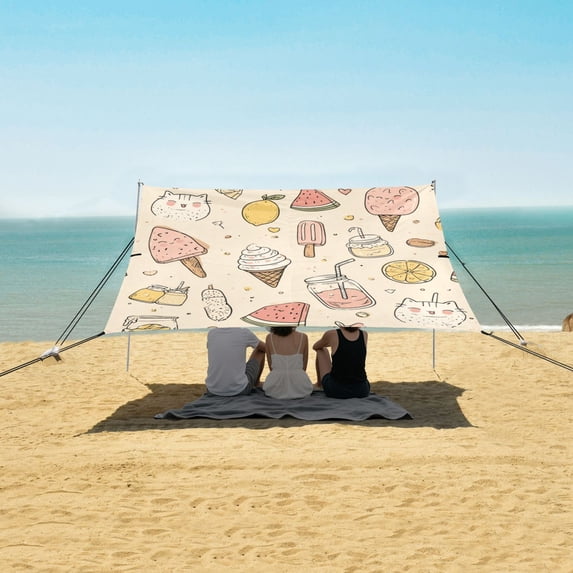 Portable Beach Tent Sun Shelter With Ground Pegs Water And Wind Resistant Sun Shade Canopy Angle Adjustable Ice Cream Watermelon Lemonade
