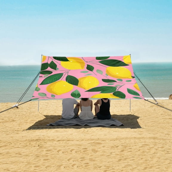 Portable Beach Tent Sun Shelter With Ground Pegs Water And Wind Resistant Sun Shade Canopy Angle Adjustable Lemons & Leaves