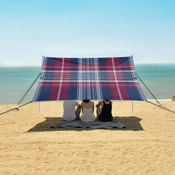 Portable Beach Tent Sun Shelter With Ground Pegs Water And Wind Resistant Sun Shade Canopy Angle Adjustable Red Blue White Plaid Pattern