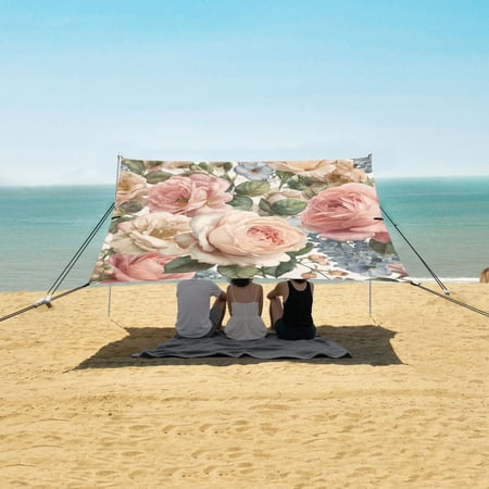 Portable Beach Tent Sun Shelter With Ground Pegs Water And Wind Resistant Sun Shade Canopy Angle Adjustable Roses and Wind Chimes