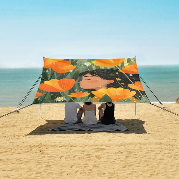 Portable Beach Tent Sun Shelter With Ground Pegs Water And Wind Resistant Sun Shade Canopy Angle Adjustable Standing on The Orange Florals