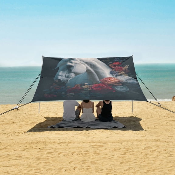 Portable Beach Tent Sun Shelter With Ground Pegs Water And Wind Resistant Sun Shade Canopy Angle Adjustable White Horse