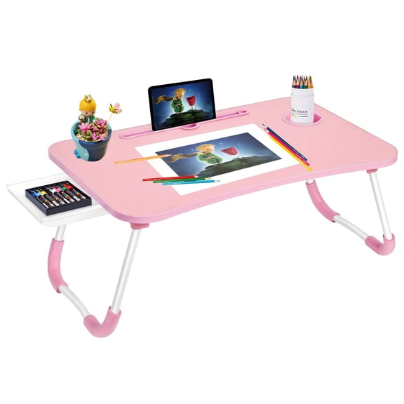 Portable Bed Desk for Laptop & Meals, Foldable Breakfast Tray with Cup Holder & Storage Drawer