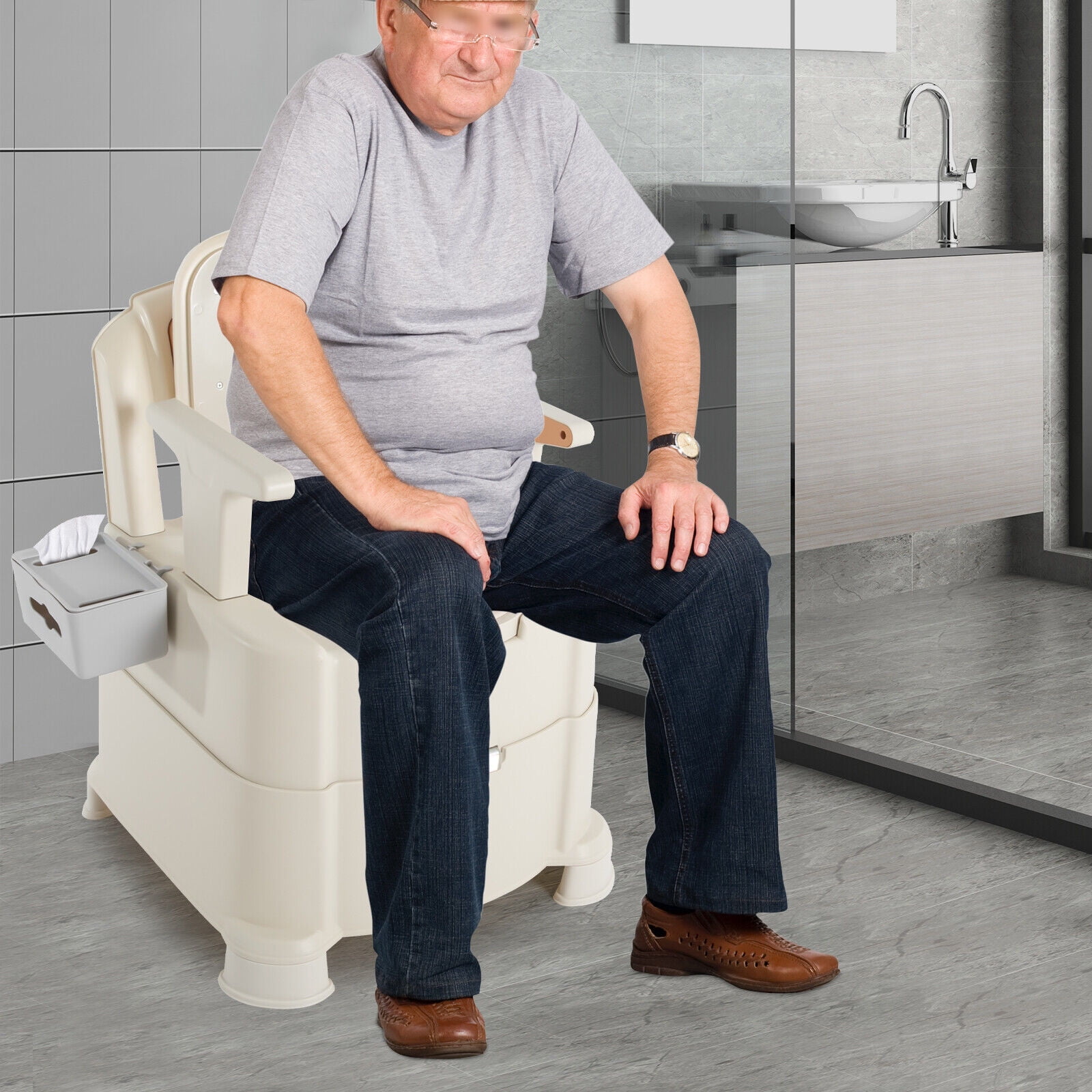 Portable Bedside Commode for Elderly and Disabled, Ergonomic Design with Night Light, 440.92lbs Load Capacity, Battery-Powered, Easy to Clean