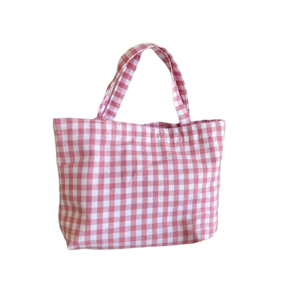 Portable Bento Bag, Japanese Checkered Lunch Tote Handbag, Lightweight Polyester Small Purse for Work Shopping Walking Daily Use, Pink