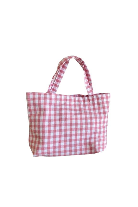 Portable Bento Bag, Japanese Checkered Lunch Tote Handbag, Lightweight Polyester Small Purse for Work Shopping Walking Daily Use, Pink