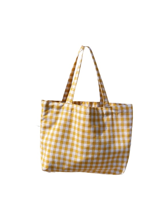 Portable Bento Bag, Japanese Checkered Lunch Tote Handbag, Lightweight Polyester Small Purse for Work Shopping Walking Daily Use, Yellow