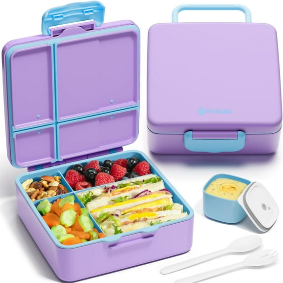 Portable Bento Lunch Box Leak Proof Bento Box with 4 Compartments Lunch Container with Sauce Cup & Utensils, Cotton Candy