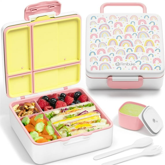 Portable Bento Lunch Box Leak Proof Bento Box with 4 Compartments Lunch Container with Sauce Cup & Utensils, Rainbow