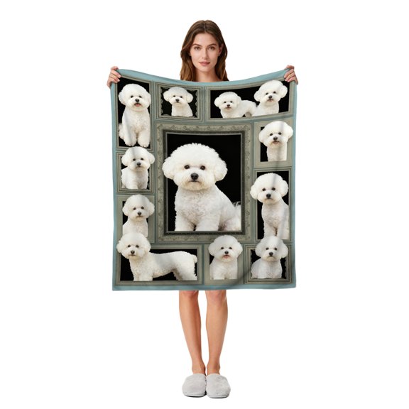 Portable Bichon Frise Fleece Blanket, Soft Flannel Throw for Couch Office Naps & Camping Trips, Warm Durable Adorable White Puppy Print Blanket - 50"x40"