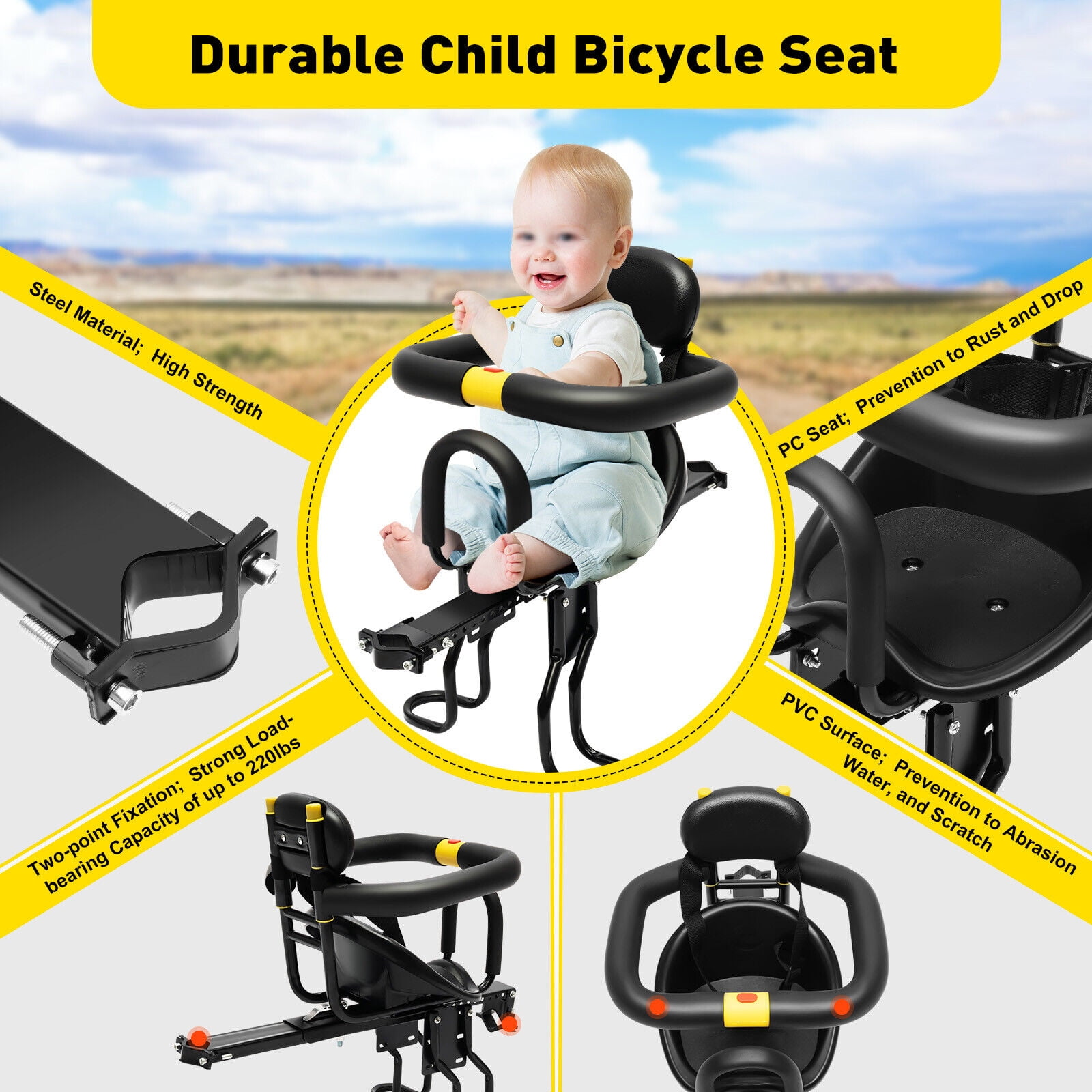 Portable Bicycle Front Mounted Safety Seat Kids Saddle Cushion Load 100kg with Foot Pedal
