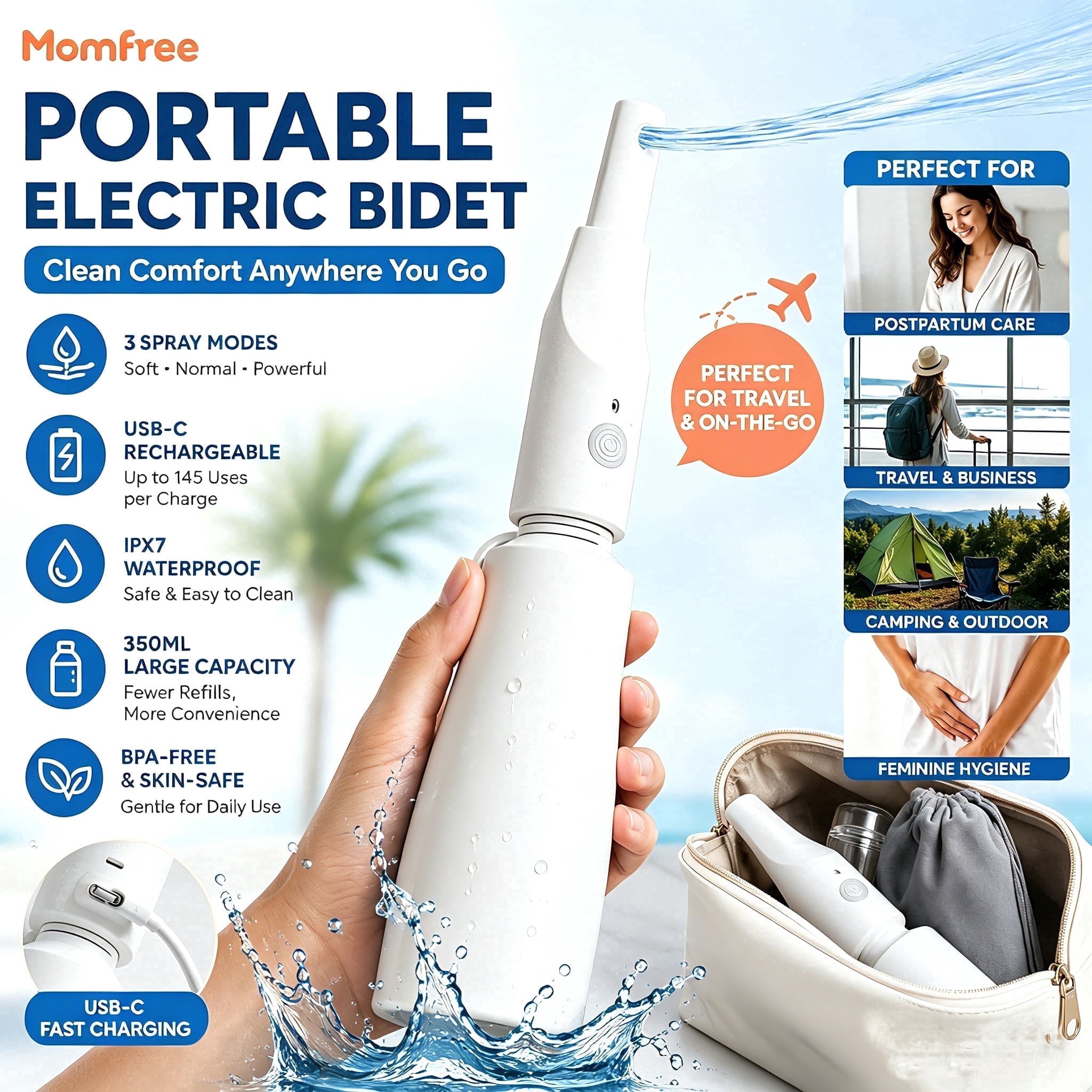 Momfree Portable Electric Bidet Sprayer, 350ml Bottle, 3 Spray Modes, USB-C Rechargeable, IPX7 Waterproof, for Travel & Postpartum Personal Hygiene