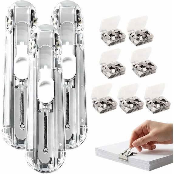 Portable Binder Clip Stapler with 150/250/300 Reusable Metal Clips, Handheld Push Clip Dispenser for Paper Clamps, No-Hole Mini Push Stapler for Desktop Document Binding (3 PCS)