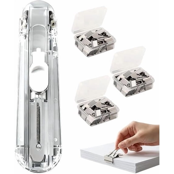 Portable Binder Clip Stapler with 150/250/300 Reusable Metal Clips, Handheld Push Clip Dispenser for Paper Clamps, No-Hole Mini Push Stapler for Desktop Document Binding (1 PCS)