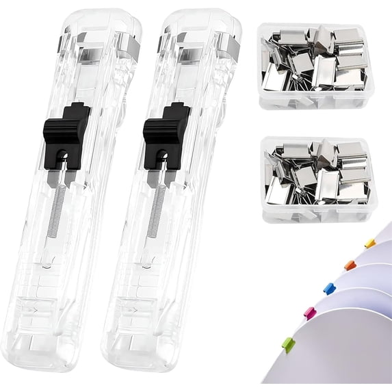 Portable Binder Clip Stapler - Handheld Desktop Push Clip Binder with Large Capacity Dispenser Design, Includes 50 Reusable Clips