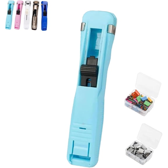 Portable Binder Clip Stapler - Includes 100 Reusable Clips, Mini Push Stapler Clamp Staplers, Handheld Paper Clam Clips Dispenser for Paper Fastening and Document Organization (Light Blue)