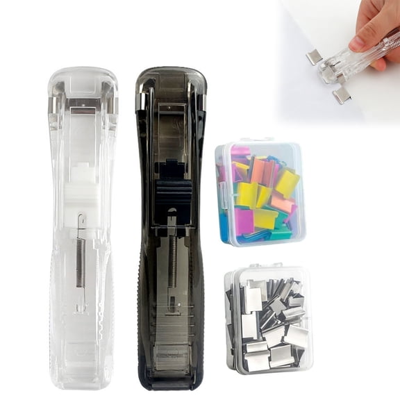 Portable Binder Clip Stapler - Includes 100 Reusable Clips, Reusable Paper Clam Clip Dispenser, Handheld Mini Paper Clipper for Office Home (Transparent + Black)