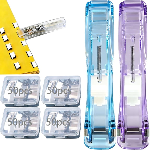 Portable Binder Clip Stapler - Includes 200 Reusable Clips,Reusable Binder Clip Stapler for Document Receipts Sealsnacks,Refillable Office Staplers Set (Blue-Purple(Include 200pcs Clips))